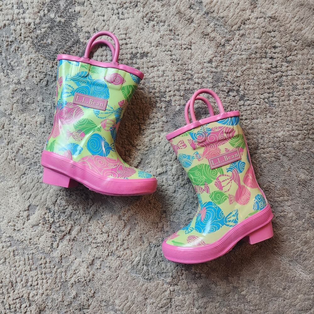 Toddler Girl’s Size 6 Rain Boots Wellies Rubber LL Bean Blue Pink Green Fish